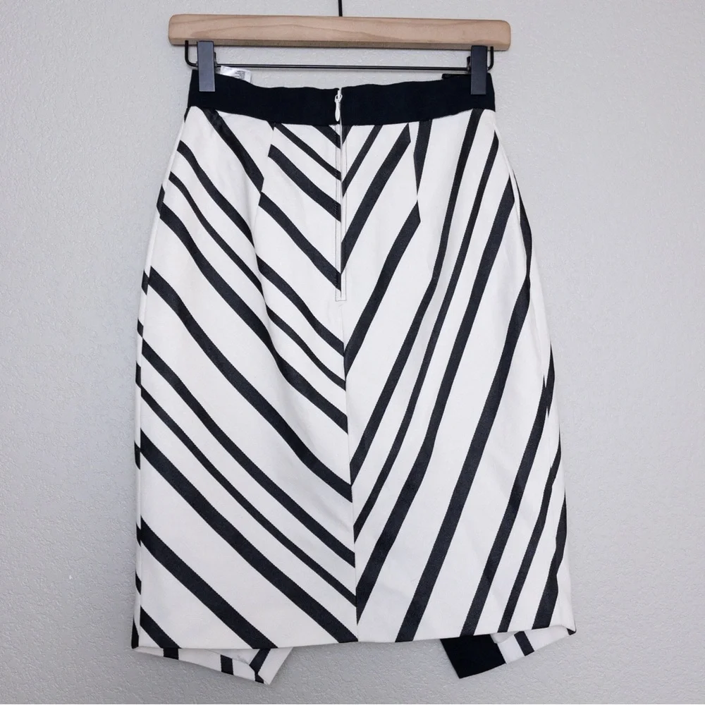 H&M Striped Wrap Skirt 4 Ivory Black High Waisted Lined Front Slit